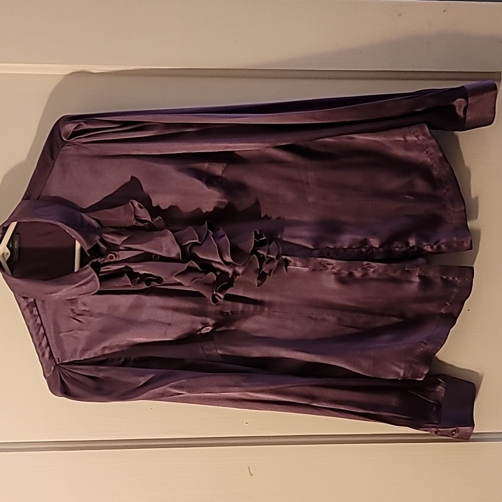 Purple Silk Blouse with Ruffle Neckline